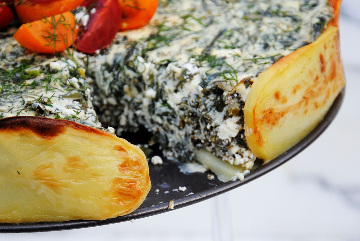 spinach torta display without one slice