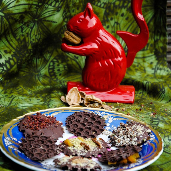 red nut cracker squirrel with pate of dark chocolate bites