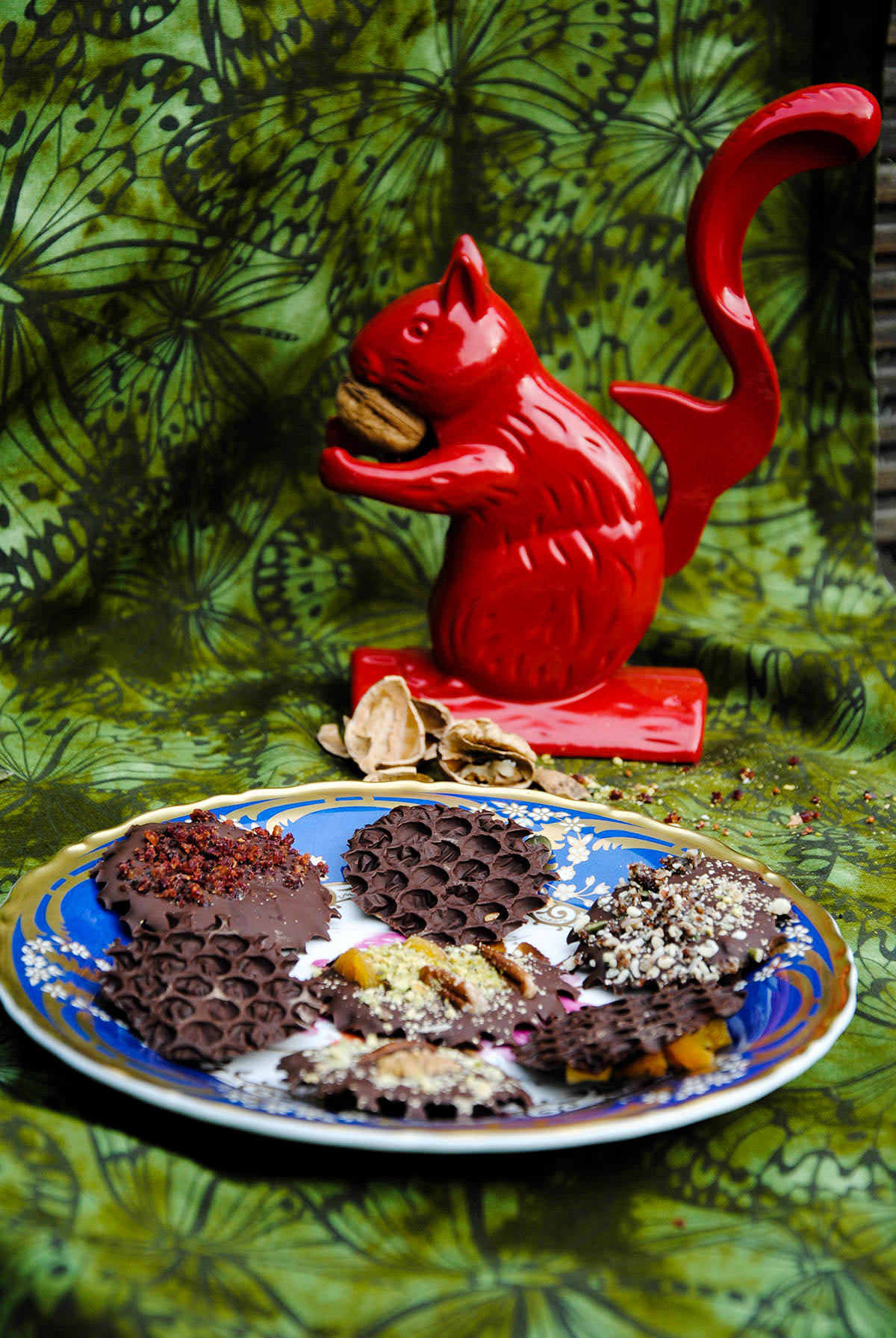 red nut cracker squirrel with pate of dark chocolate bites