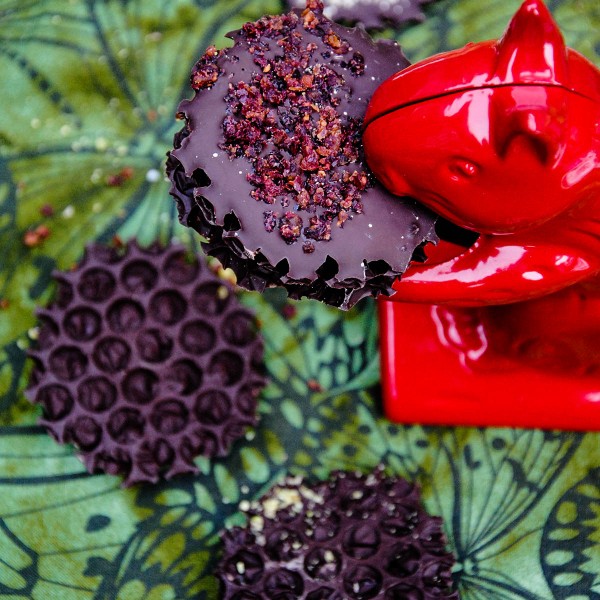 dark chocolate bites with bubble wrap texture in red nut cracker squirrel mouth
