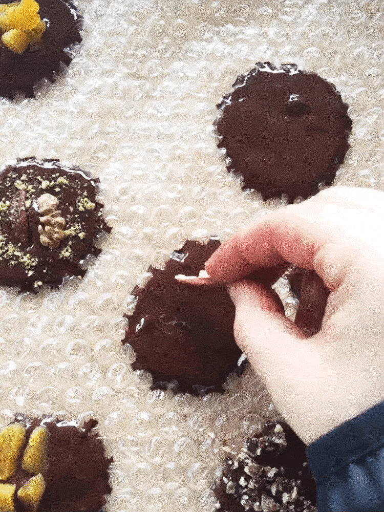 freshly melted dark chocolate on bubble wrap