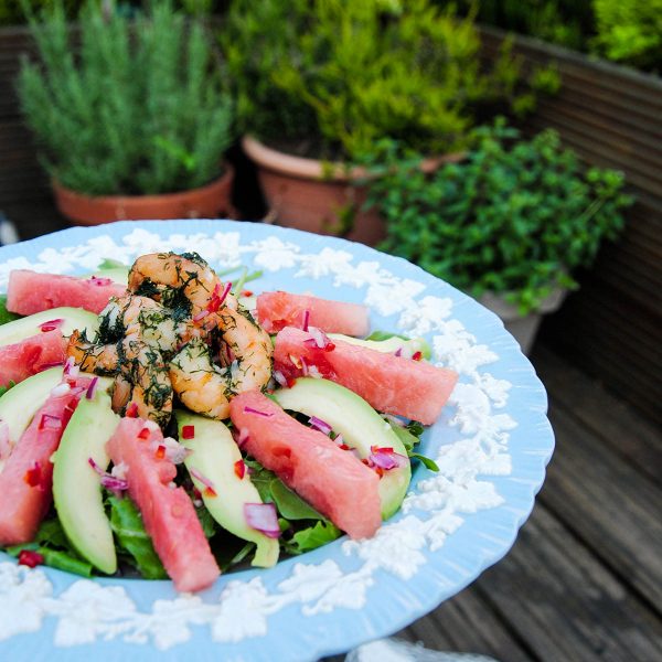 watermelon and prawn salad dish