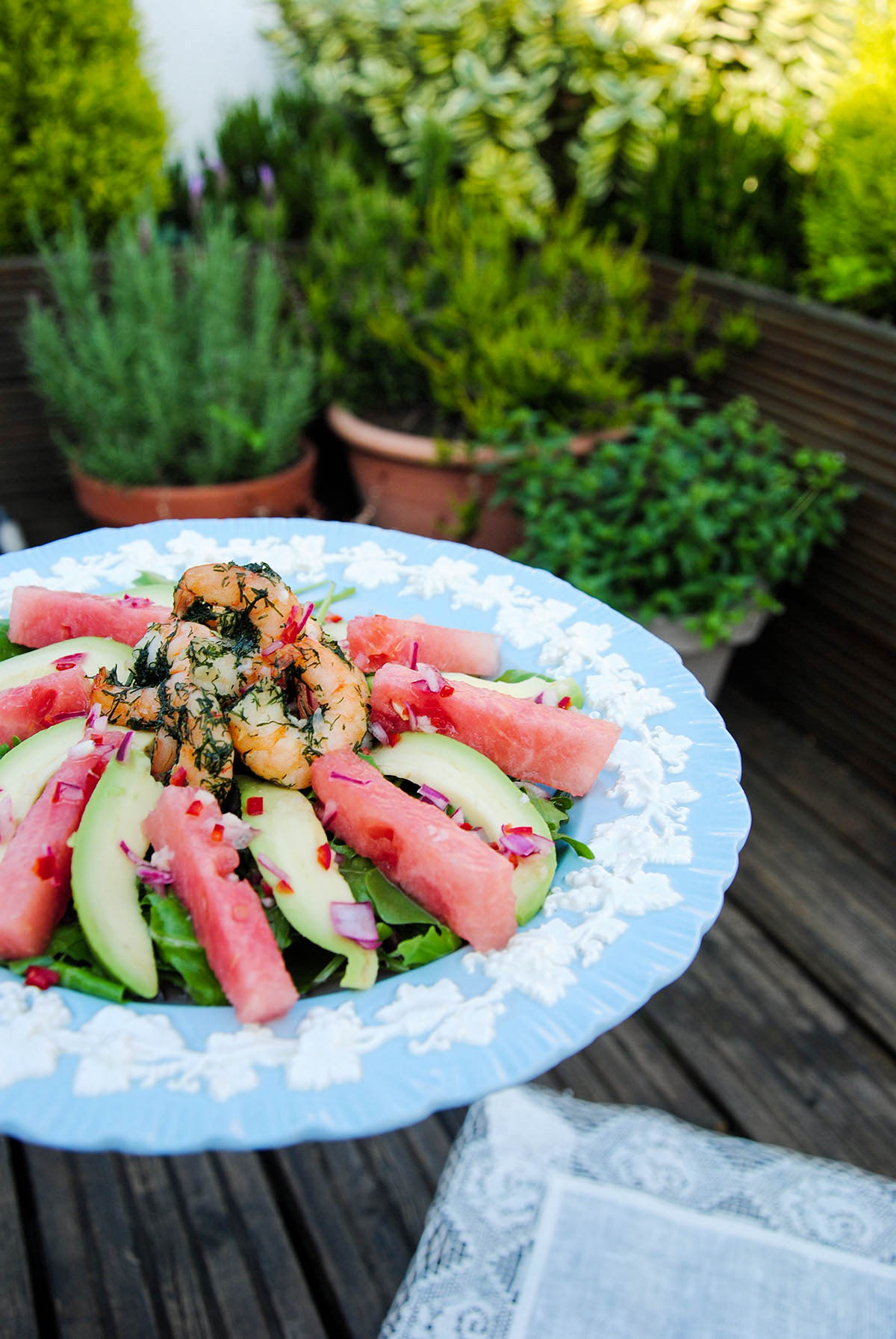 watermelon and prawn salad dish
