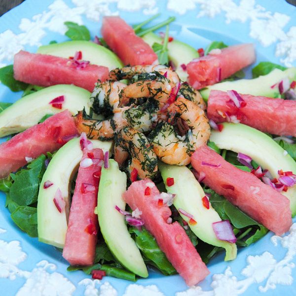 watermelon and prawn salad dish
