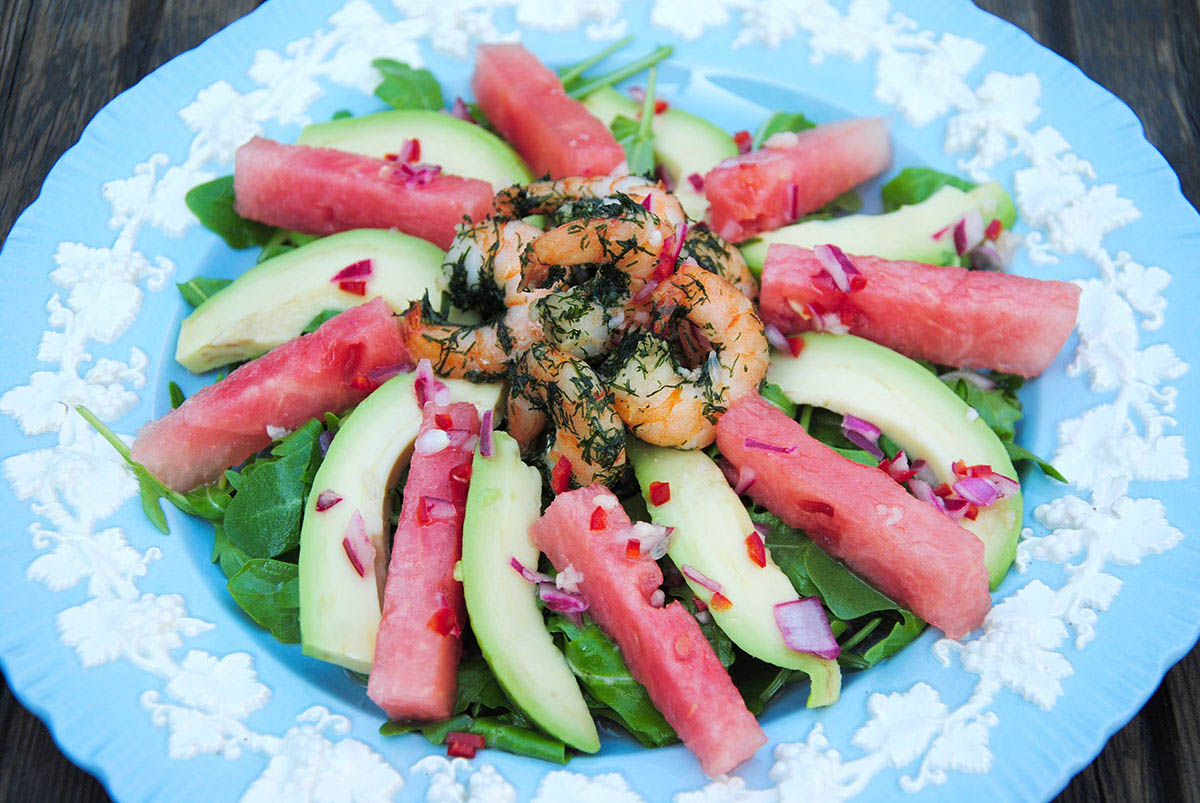 watermelon and prawn salad dish